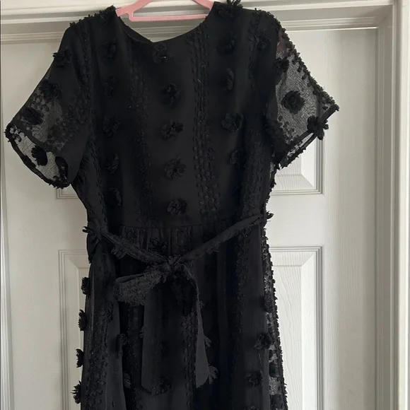 Anthropologie Polygram Black Textured Midi Dress with tie belt - Picture 4 of 10